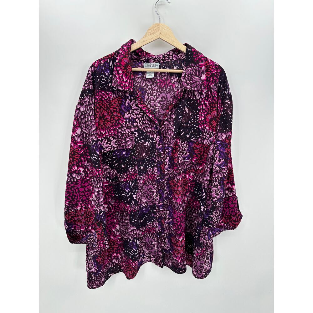 Maggie Barnes Button Down Shirt Women Purple Dark Floral Size 5X Collar Stretch